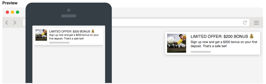 Пример кампании по ставкам на спорт в push-рекламе Zeropark