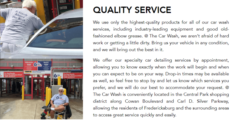 服務頁面示例 |輕鬆加盟 A Services page with photos of a car wash and advertising copy that states the employees aren't afraid of "getting a little dirty".