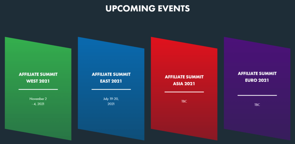 アフィリエイトサミットニューイベント|簡単なアフィリエイト Upcoming events from the Affiliate Summit conference.