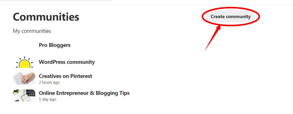 pulsante crea comunità pinterest