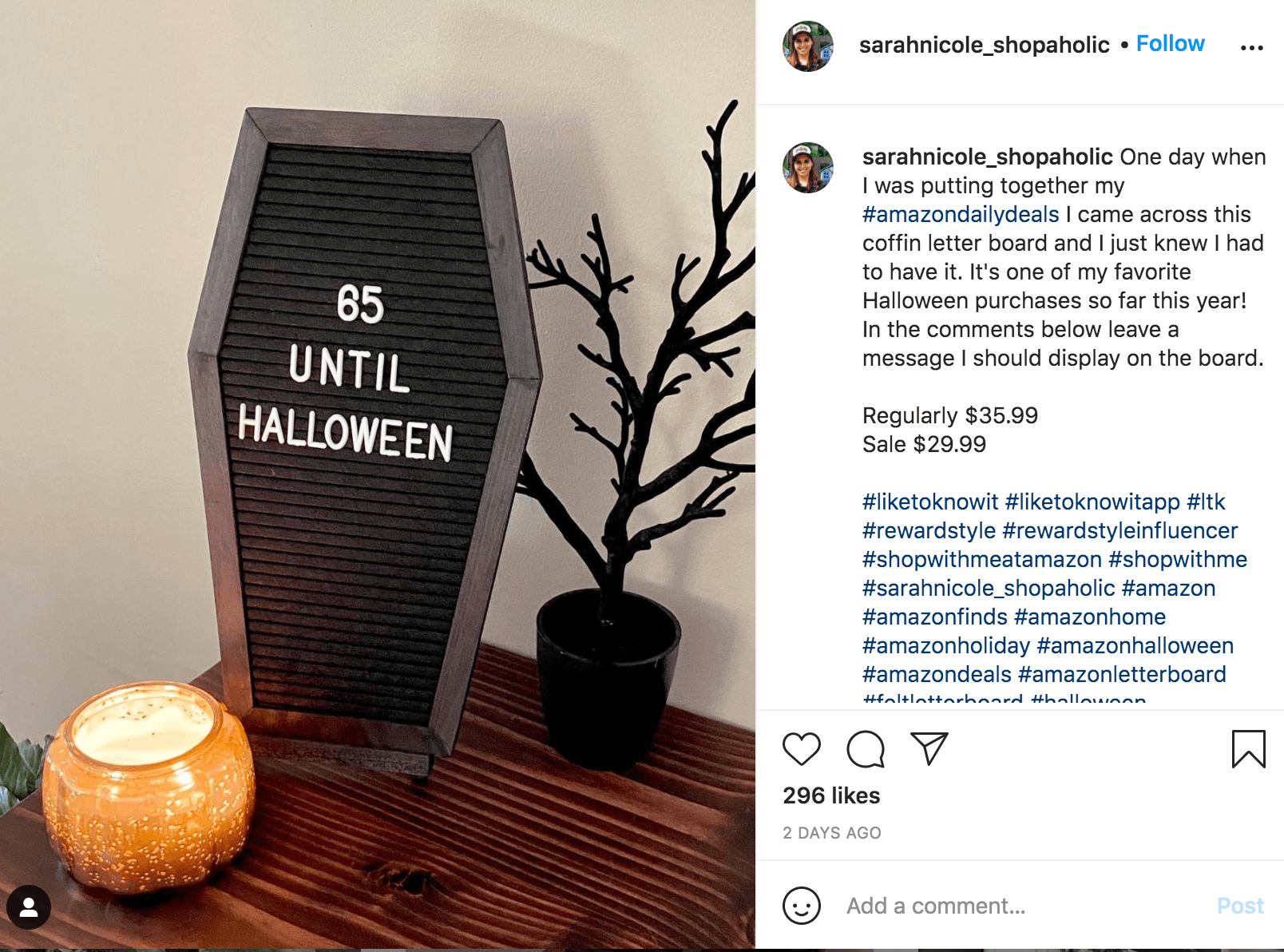 Post del conto alla rovescia su Instagram dell'influencer di Halloween