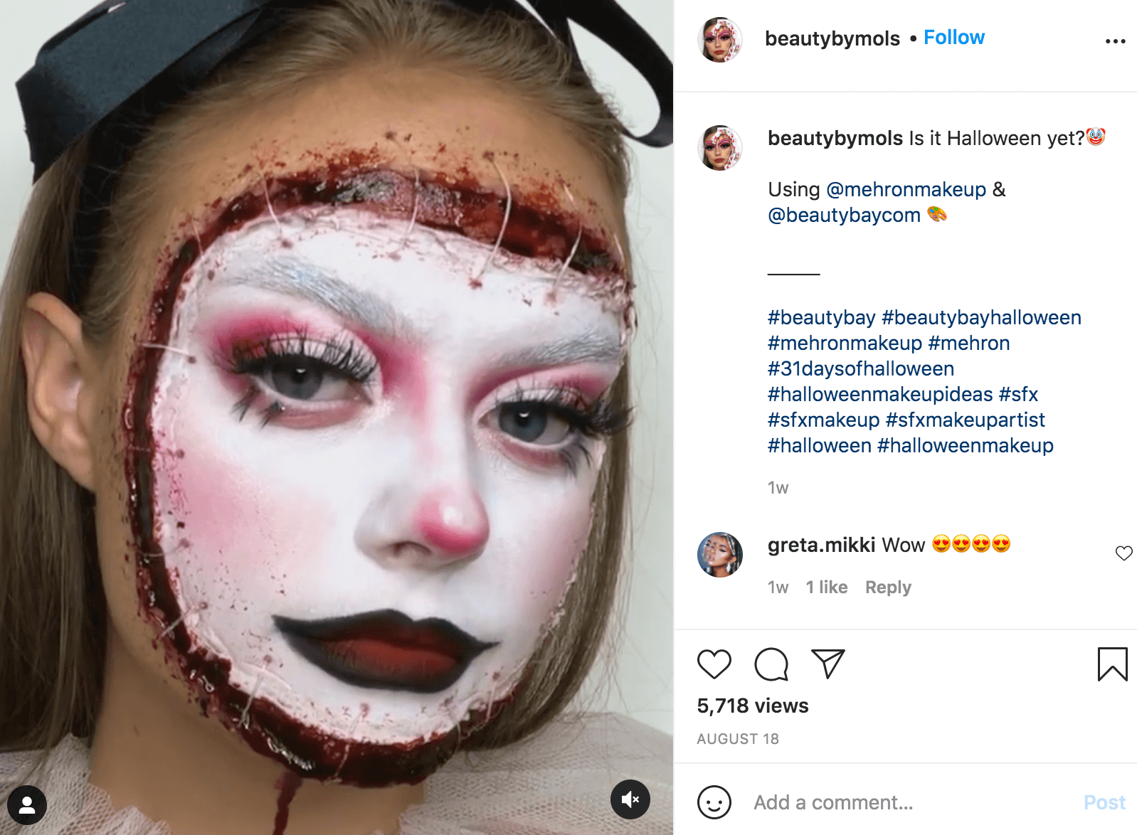 Post di trucco Instagram dell'influencer di Halloween