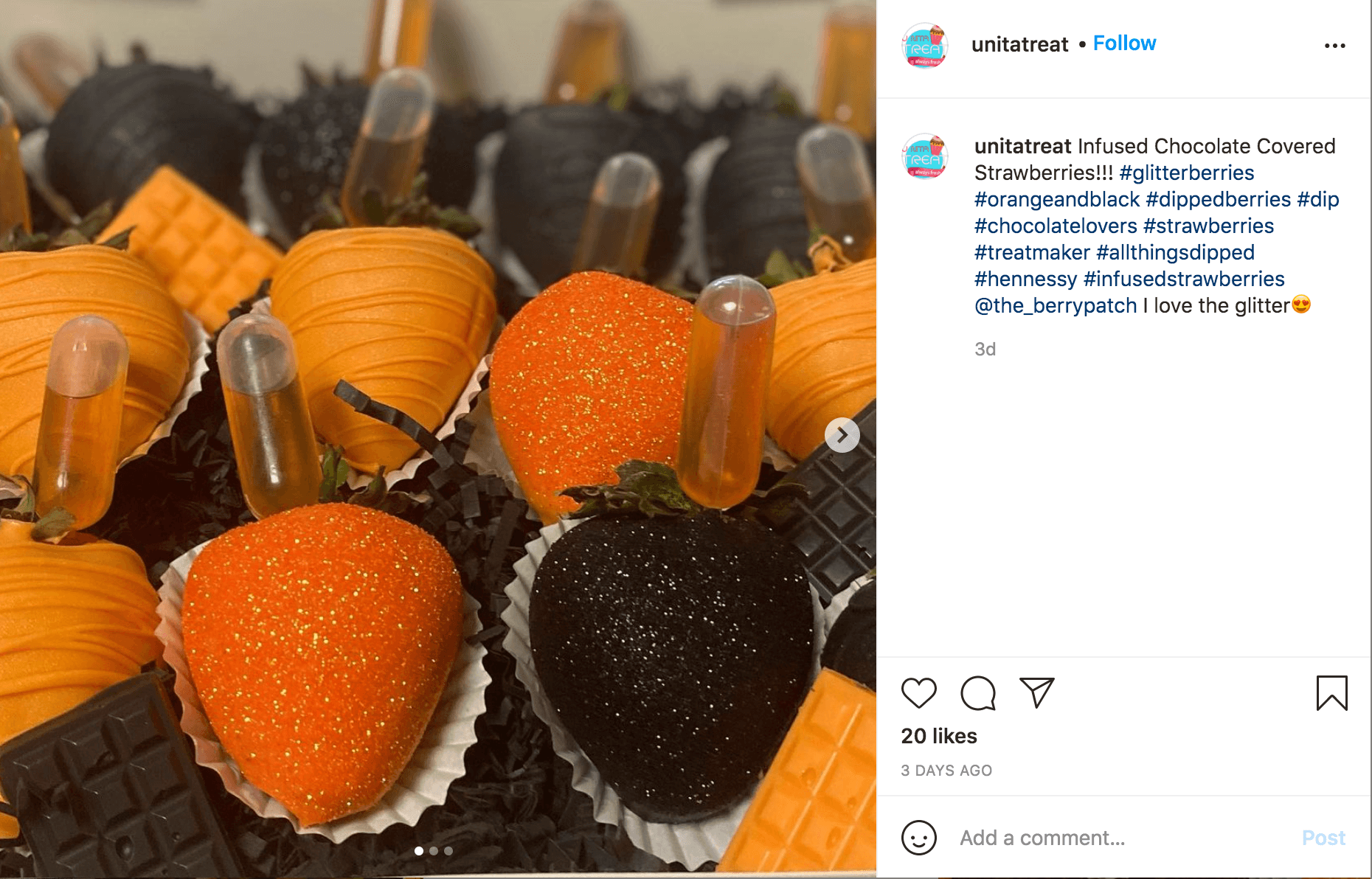 Post Instagram dell'influencer di Halloween Fragole arancioni e nere