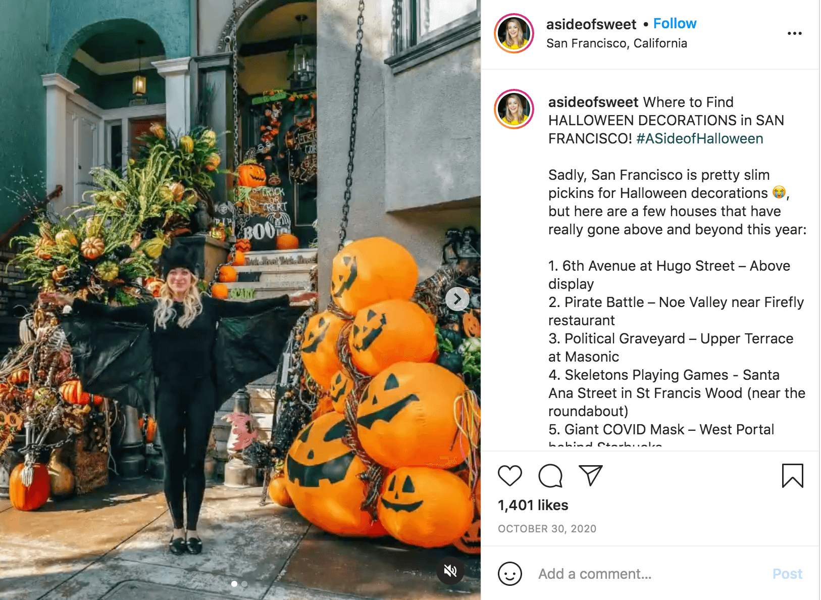 Post di case decorate da Instagram dell'influencer di Halloween