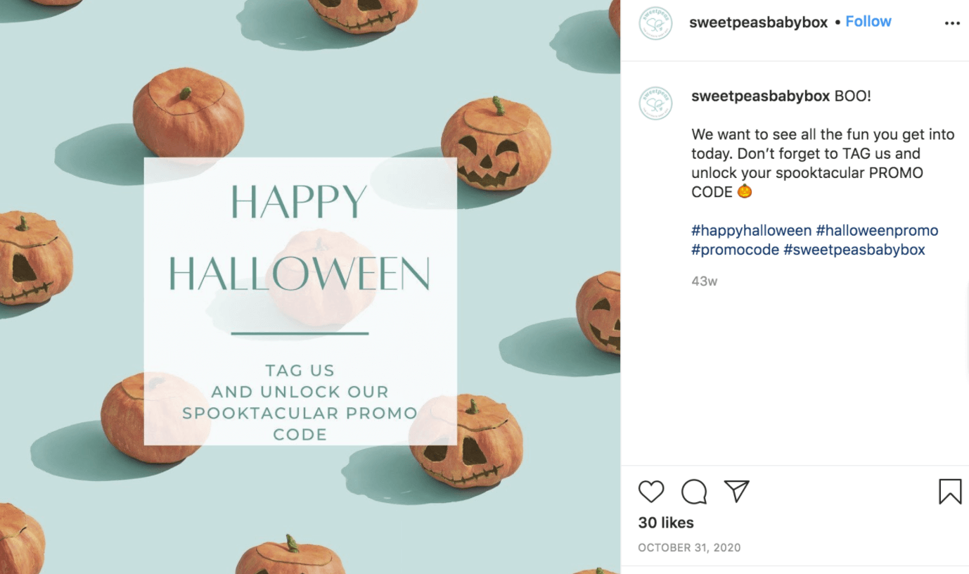 Post Instagram del marchio di Halloween con codice promozionale