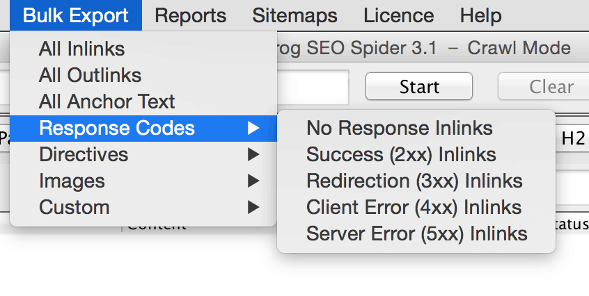 Codici di risposta della rana urlante Screaming Frog Response Code