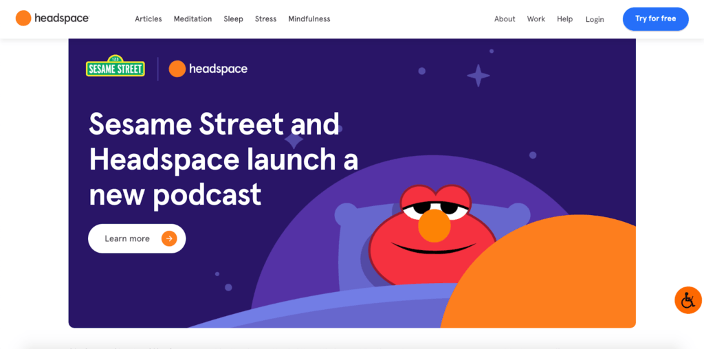 Ein Screenshot der Headspace-Webseite mit einer Illustration von Elmo aus der Sesamstraße.