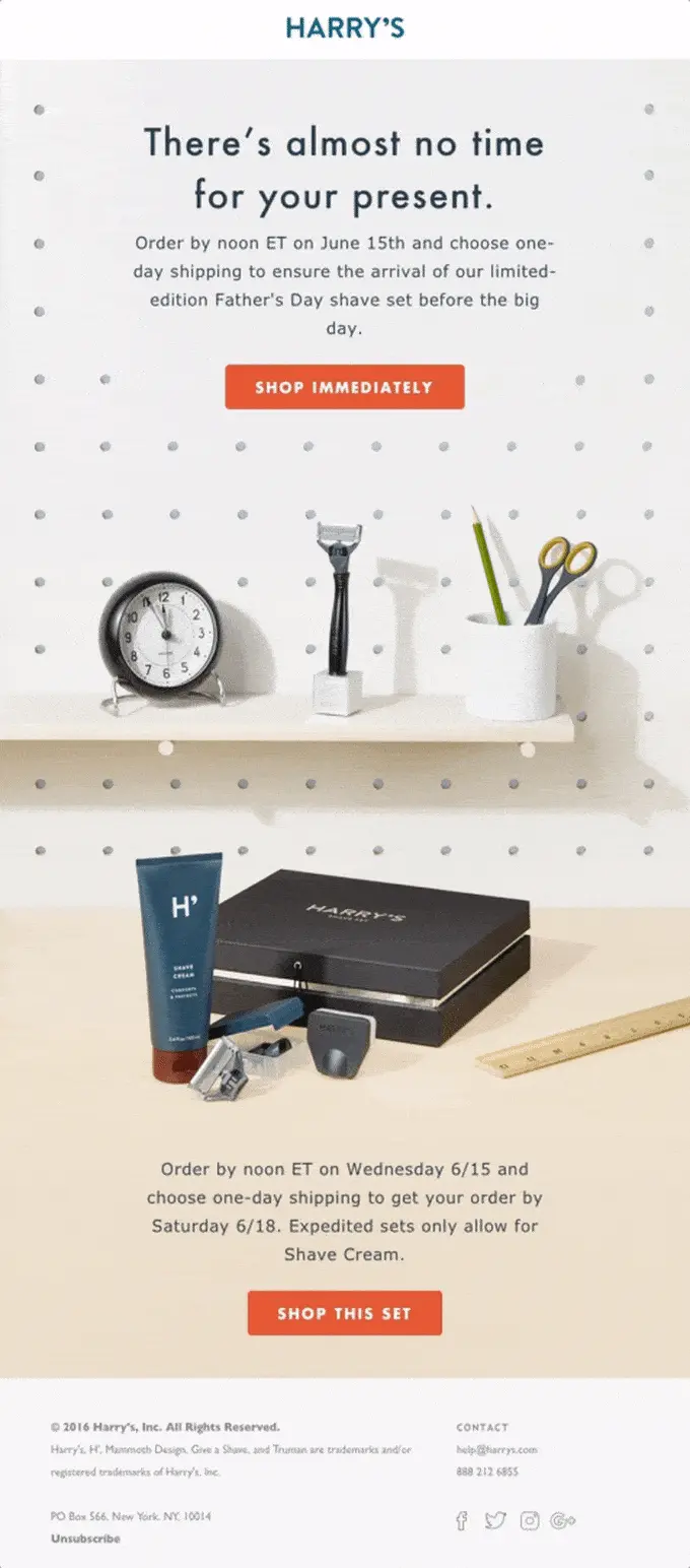 E-Mail von Harry's mit einer subtilen Animation von sich bewegenden Zeigern auf einer Uhr.