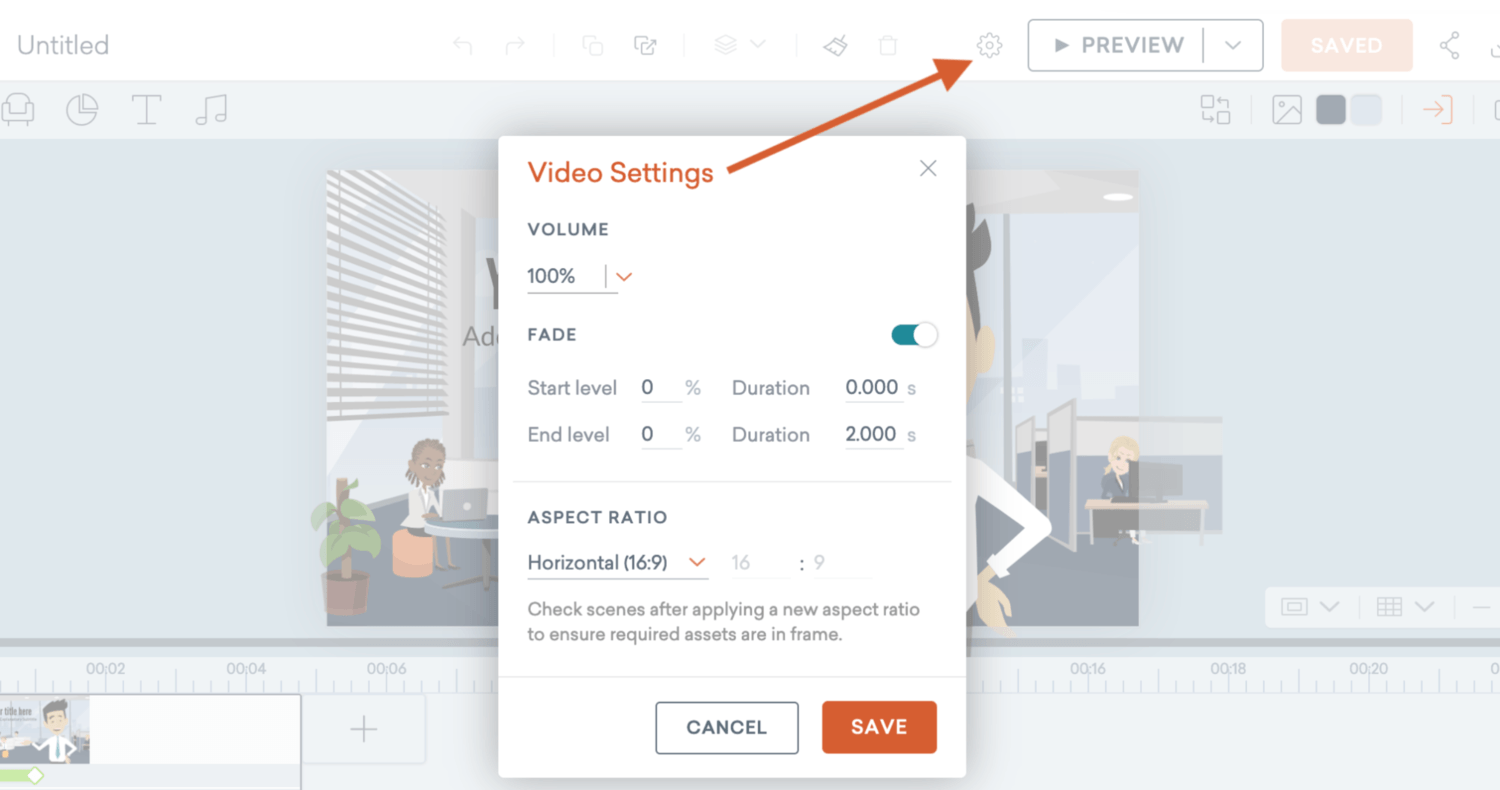 Schermata di Vyond Studio che indica di fare clic sull'opzione delle impostazioni video per modificare le proporzioni per esportare correttamente un video verticale per LinkedIn Cover Story Videos