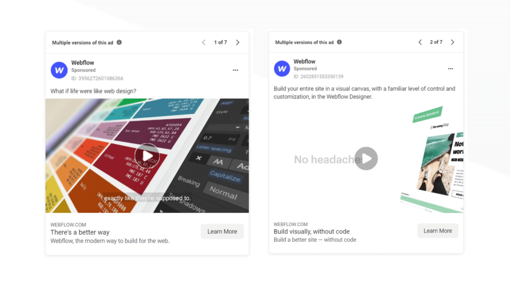 동일한 webflow 동영상 광고의 두 가지 버전이 나란히 있습니다.