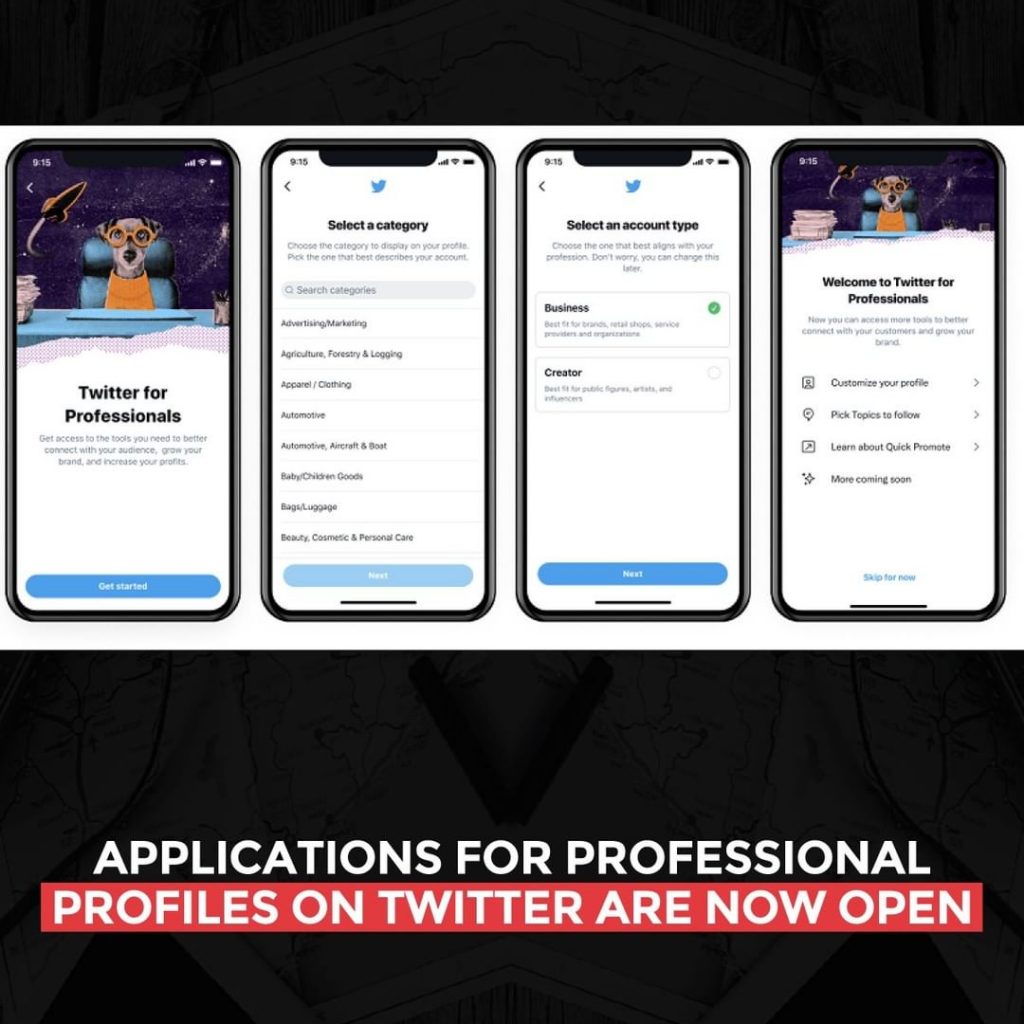 Twitter의 전문가 프로필 신청이 시작되었습니다.