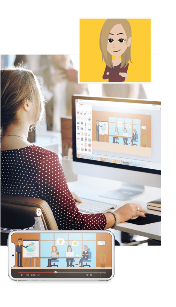 Una donna che usa lo strumento di animazione video di Vyond