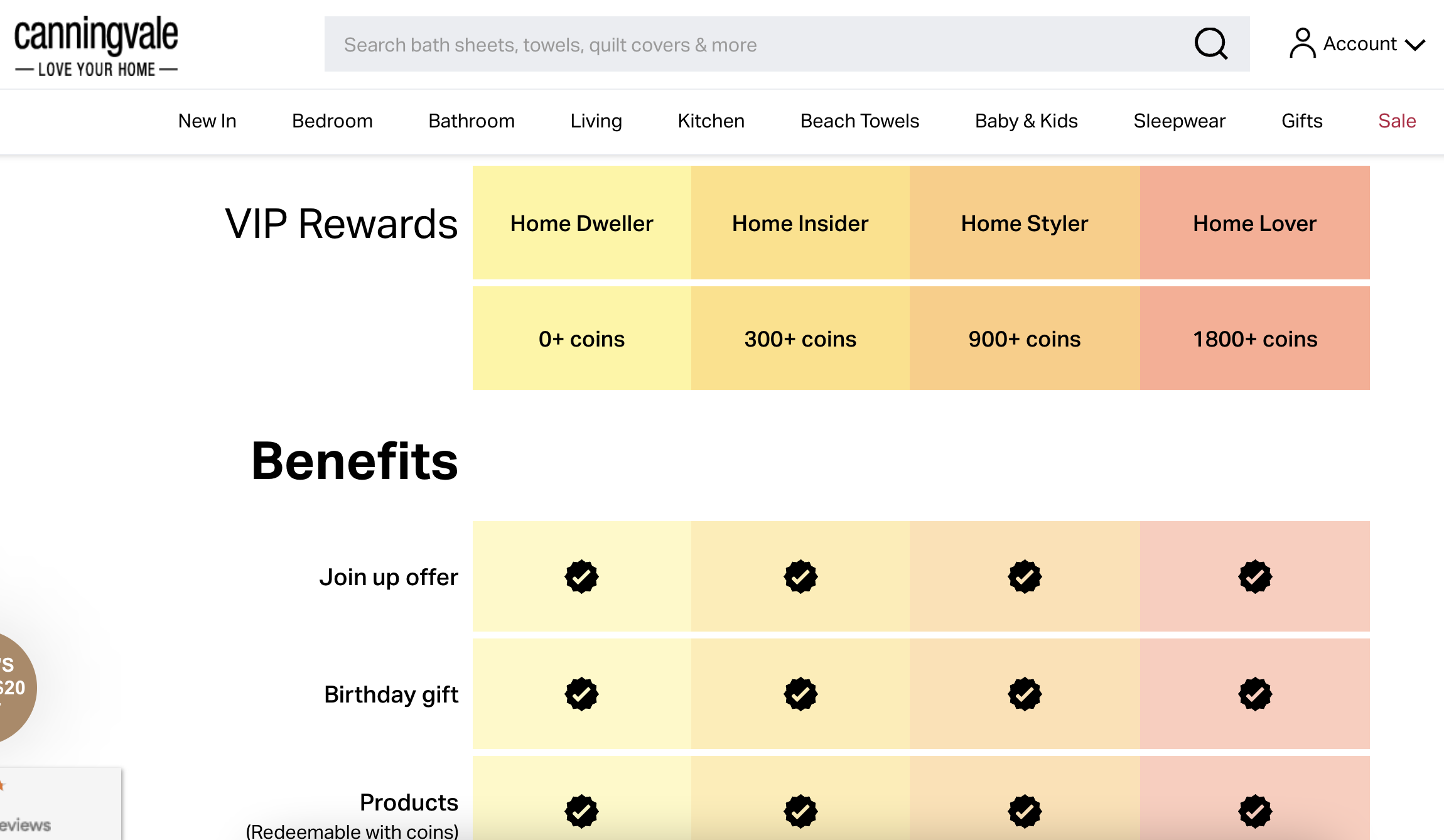 Comment la gamification peut améliorer votre programme de fidélité VIP - Une capture d'écran de la page explicative du programme de récompenses VIP de Canningvale homeware avec lecture de texte, "VIP Rewards and Benefits"