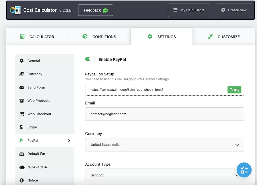 Agregar pago de PayPal a la calculadora de costos