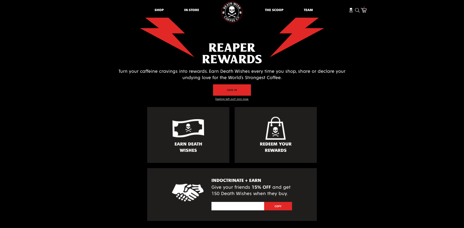 ベストロイヤルティプログラム2021の例9– DeathWishCoffeeのReaperRewardsページのスクリーンショット