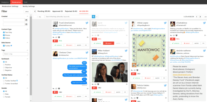 Zoomph 的社交媒體分析工具有多種方法可以按性別、標籤、內容類型等對數據進行細分