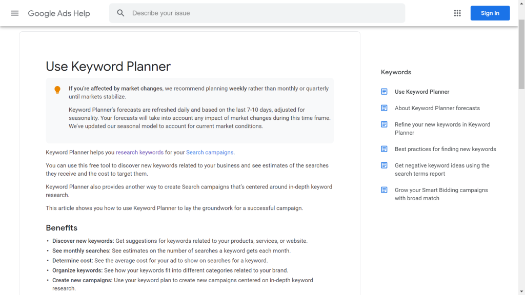 planificador de palabras clave de google