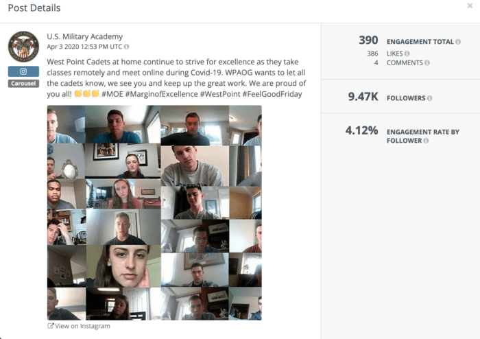 Этот пост в Instagram из Вест-Пойнта включает воодушевляющее послание и мозаичное изображение многих курсантов Вест-Пойнта.