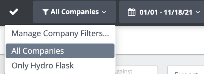 Selezione dei filtri aziendali in Rival IQ