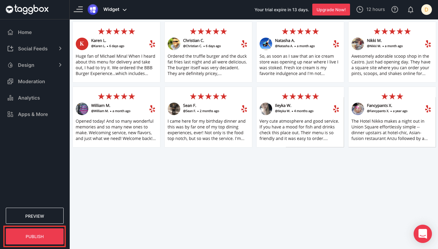 Incorporar widget de revisão do Yelp no site