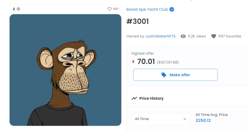 Justin Bieber (BAYC #3001 por USD 1,3 millones)