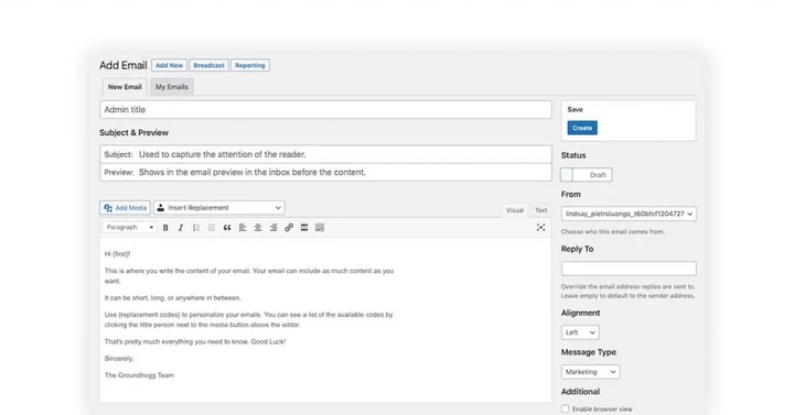 Imaginea tabloului de bord Groundhogg Plugin