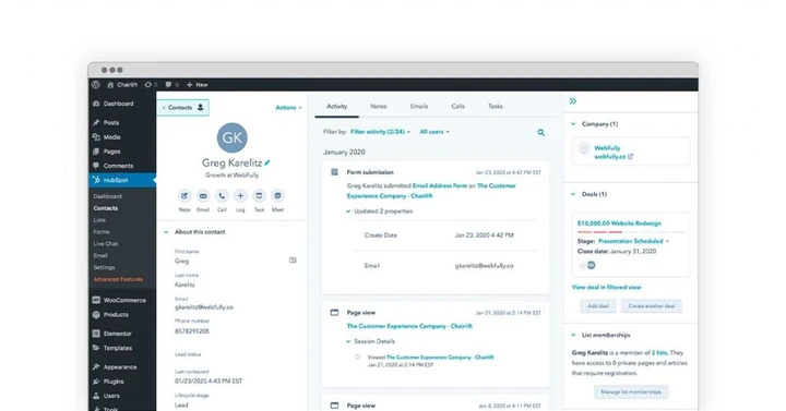Imaginea tabloului de bord HubSpot CRM