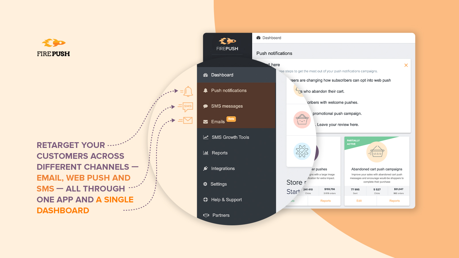 Cele mai bune 36 de aplicații Shopify pentru a crește vânzările și conversiile în 2022 Email push notifications SMS campaigns for Shopify by Firepush - The 36 Best Shopify Apps to Increase Sales & Conversions in 2022