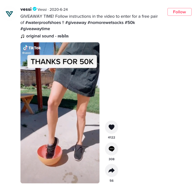 วิธีใช้ TikTok สำหรับธุรกิจ - The Ultimate Guide (2022) 16 Vessi doing giveaways on tiktok