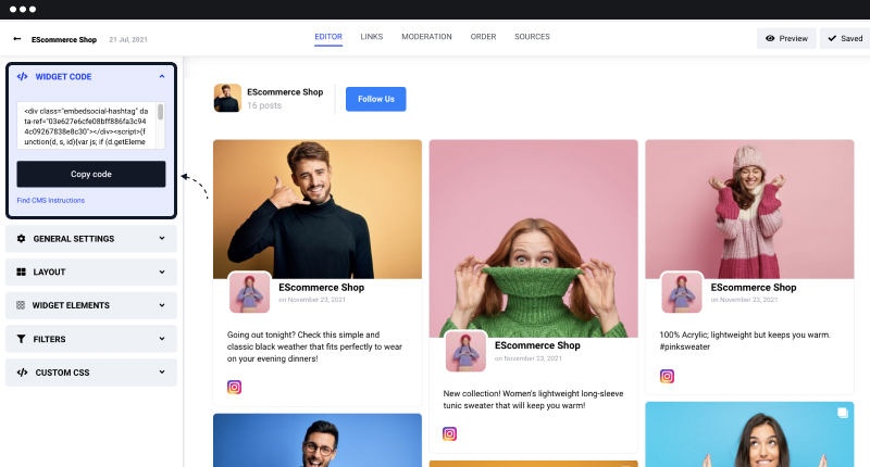 kod do osadzenia kanału instagram