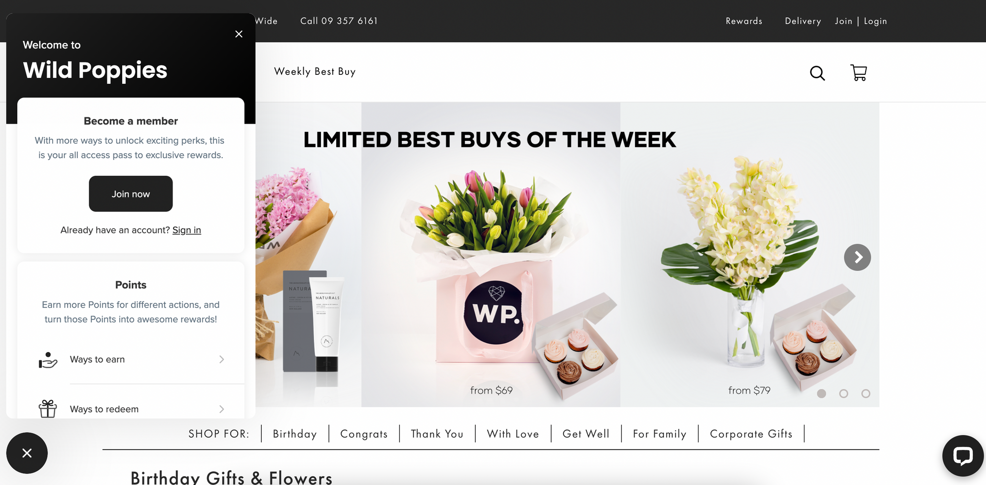 Come spiego il mio programma fedeltà ai miei clienti? - screenshot del negozio di fiori di papaveri selvatici e del loro programma a premi.