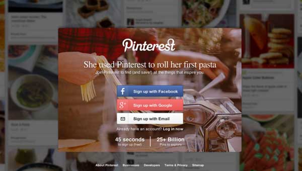 مثال على الاشتراك في جدار تسجيل Pinterest