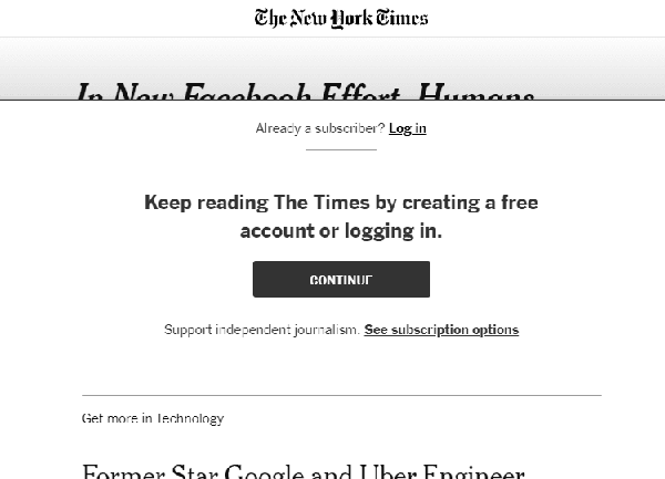 صفحة جدار تسجيل NYTimes