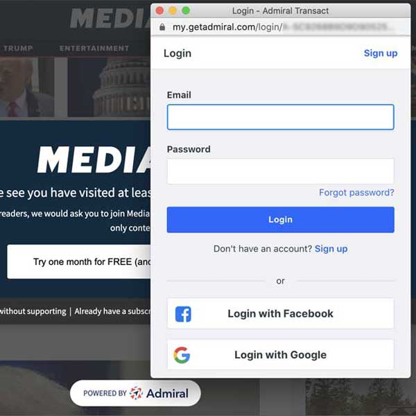 مثال على تسجيل حساب Admiral في Regwall for Mediaite
