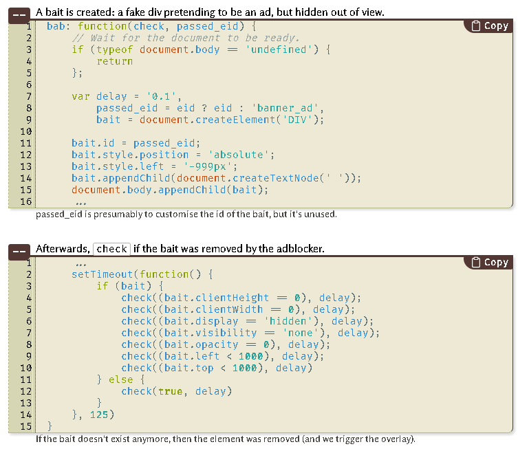 Скриншот скрипта обнаружения Adblock