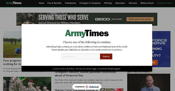 Inscrição de e-mail do ArmyTimes - Automação de marketing para editores