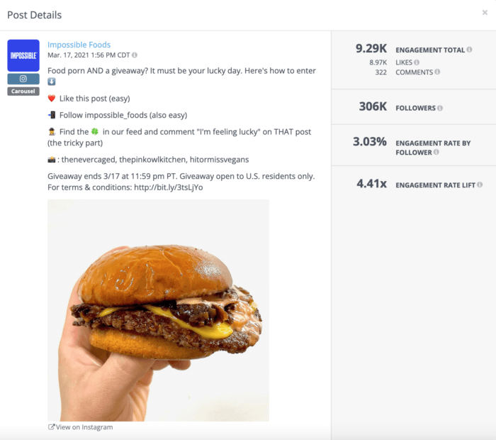 Tableau de bord Rival IQ analysant une publication Instagram de Impossible Foods