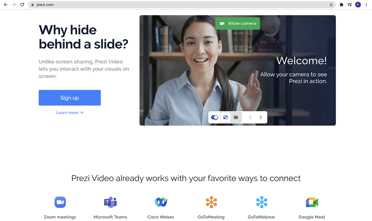 Preziのホームページのスクリーンショット。