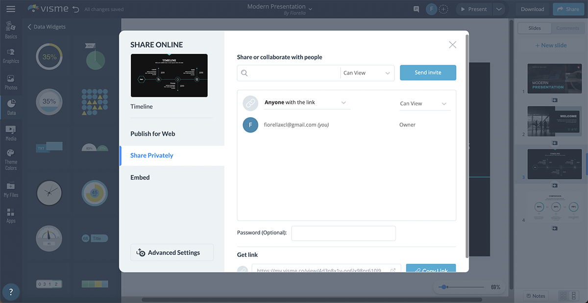 Vismeプロジェクトを共有する方法のスクリーンショット。