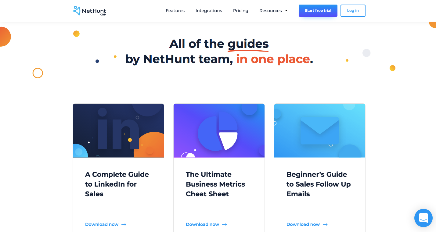 Page de destination de NetHunt pour les guides et les livres électroniques sur les ventes et le marketing