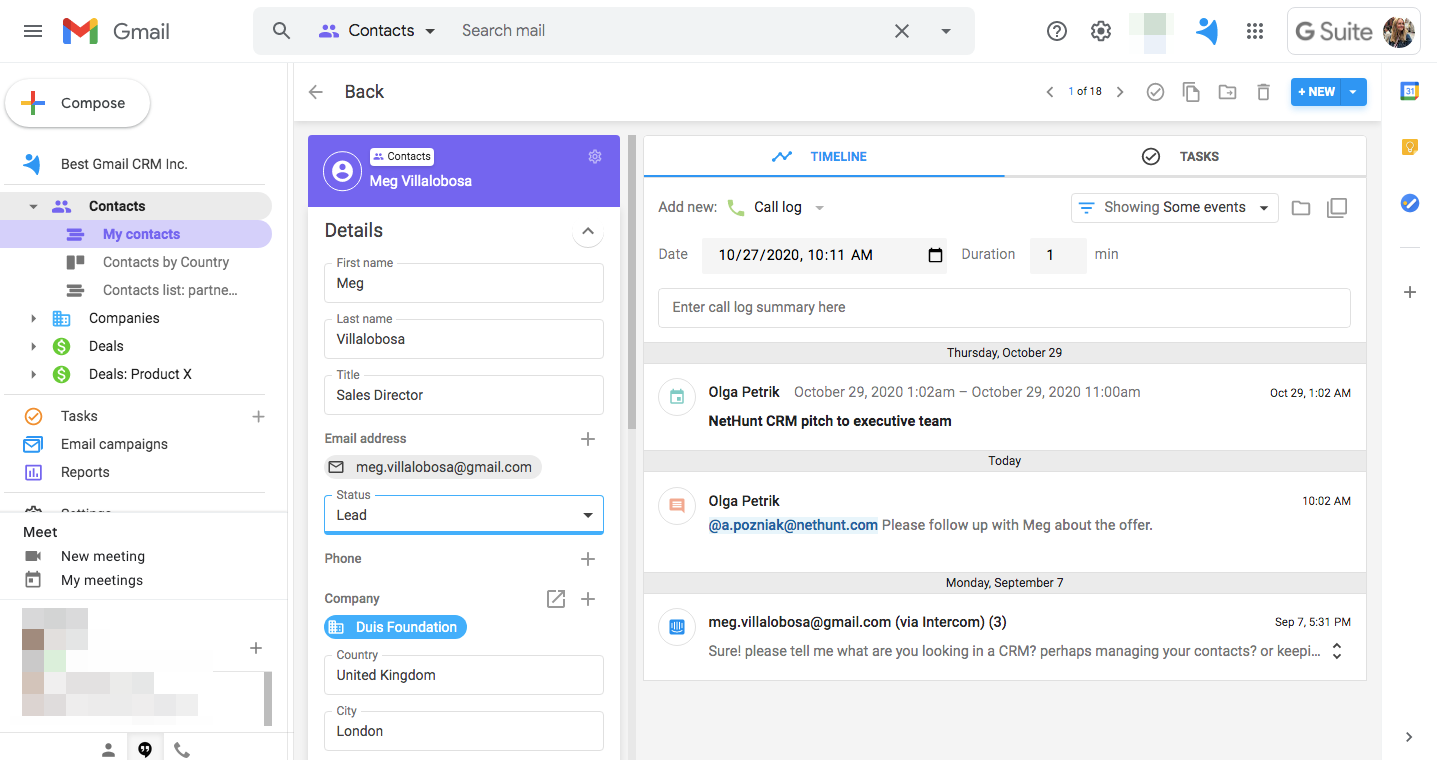 Informations sur un prospect dans NetHunt - Gmail CRM