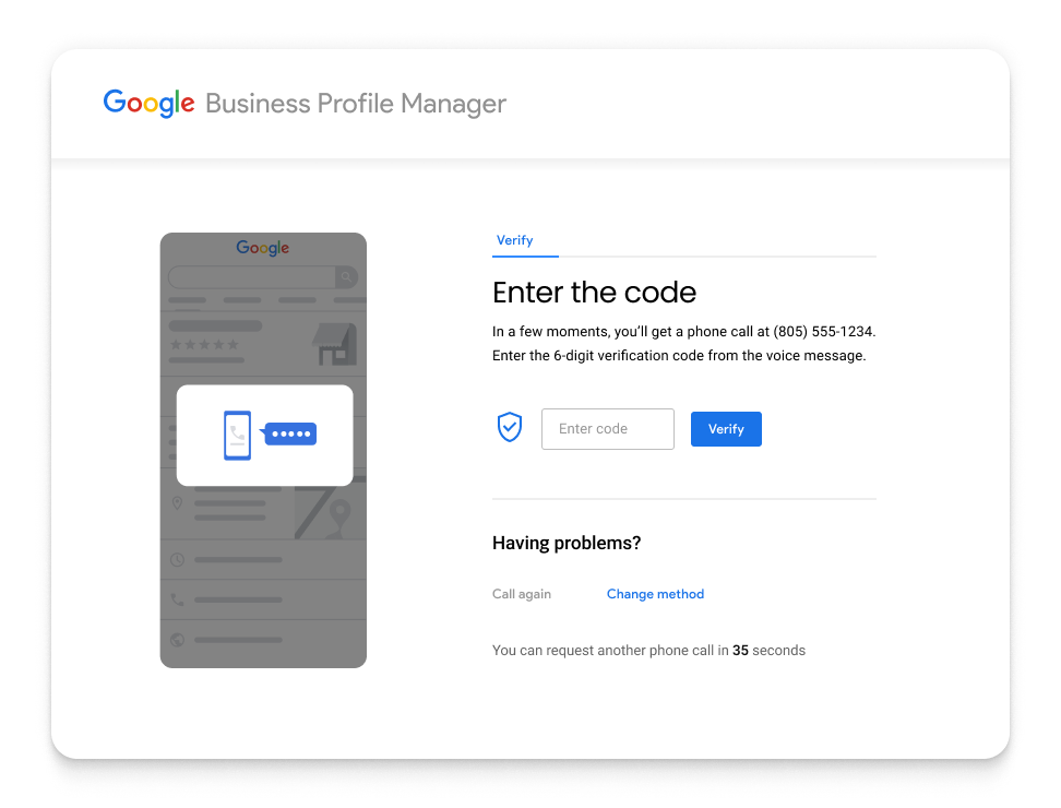 Profil d'entreprise Google, saisissez le code pour vérifier