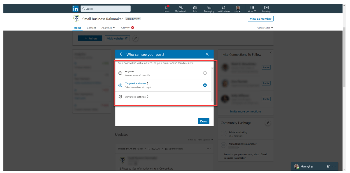 pubblico di destinazione collegato nella pagina dell'azienda