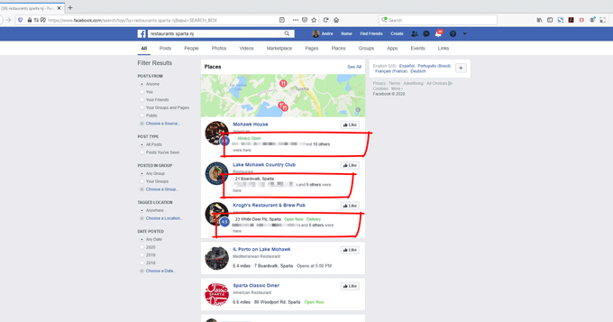 risultati di ricerca su facebook attività locali
