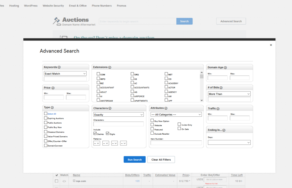 godaddy 高級搜索