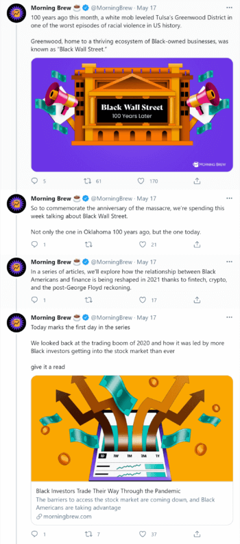 Morning Brew เธรด Twitter ที่มีสี่ทวีตนำไปสู่บทความในบล็อกเกี่ยวกับ Black Wall Street