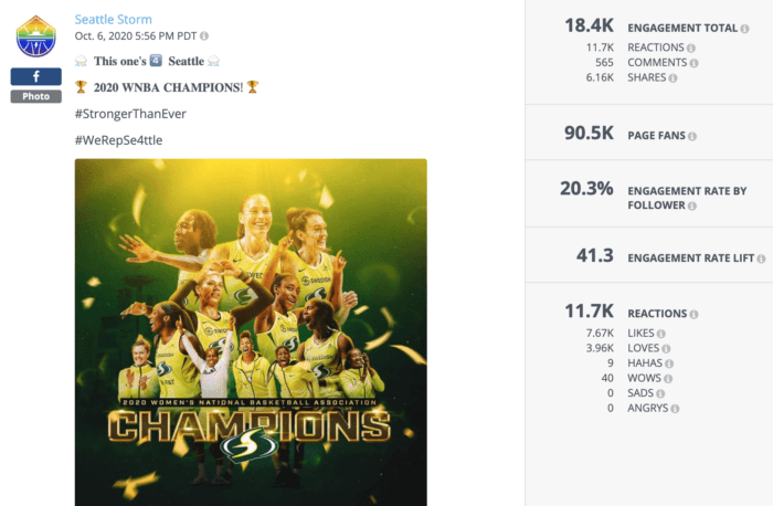西雅图风暴的 Facebook 帖子宣布他们的 WNBA 胜利