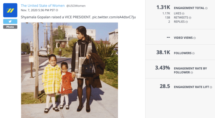 来自 USOW 的推文，其中包括年轻的卡玛拉哈里斯、她的妹妹和她的母亲