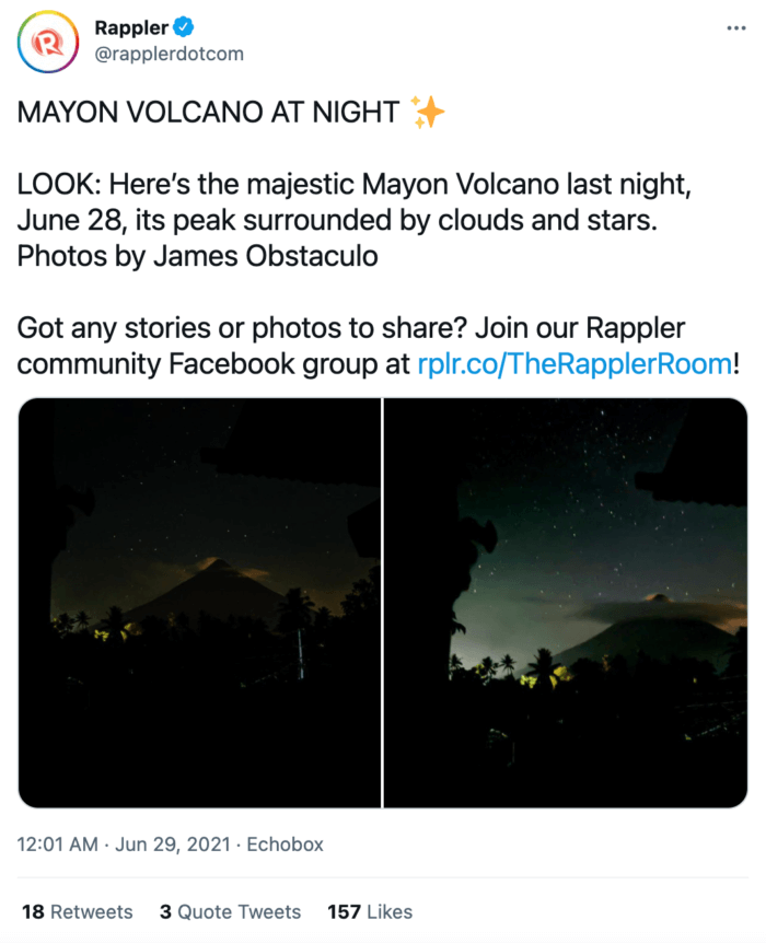 来自 Rappler 帐户的推文鼓励追随者加入其 Facebook 群组