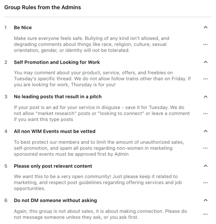 一个名为“营销中的女性”的 Facebook 小组概述了成员必须遵守的规则